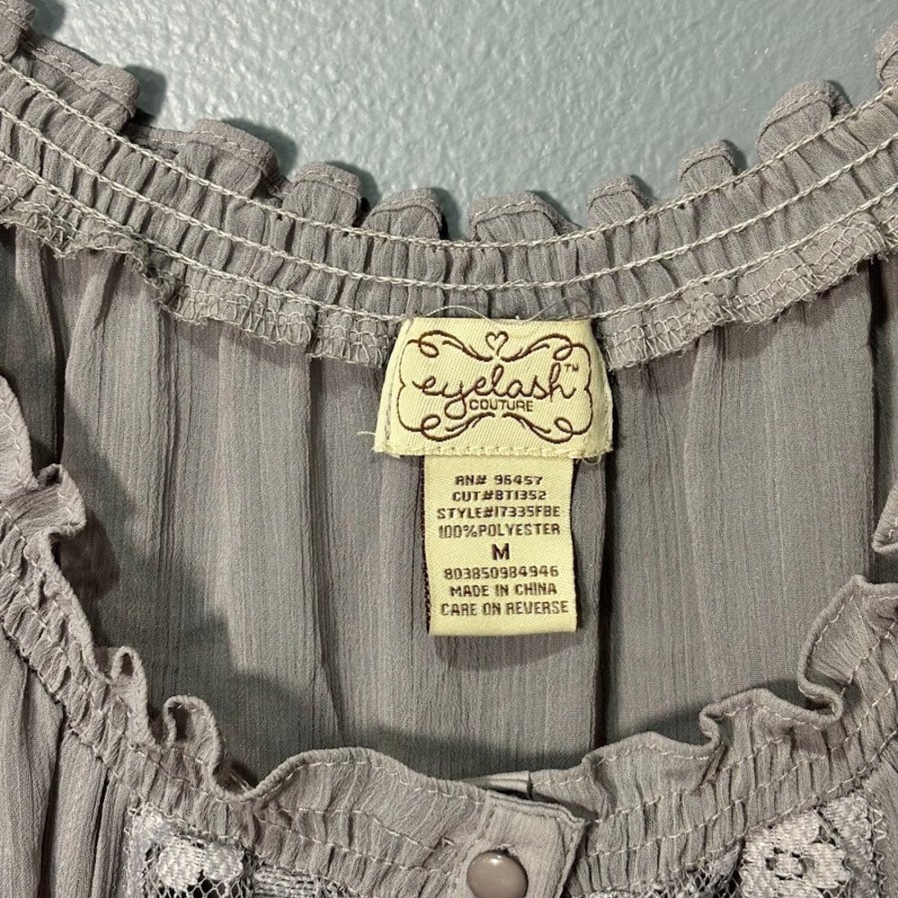 Eyelash Couture Blouse Womens Medium Gray Polyester Lace Boho Chic Ruffle Sheer - Picture 3 of 6